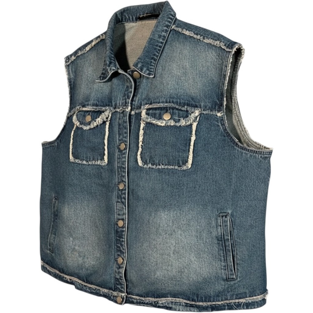 Denim Vest Blue Distressed Frayed Pockets Buttons Western Agnes Orinda Size 3X - Picture 1 of 8